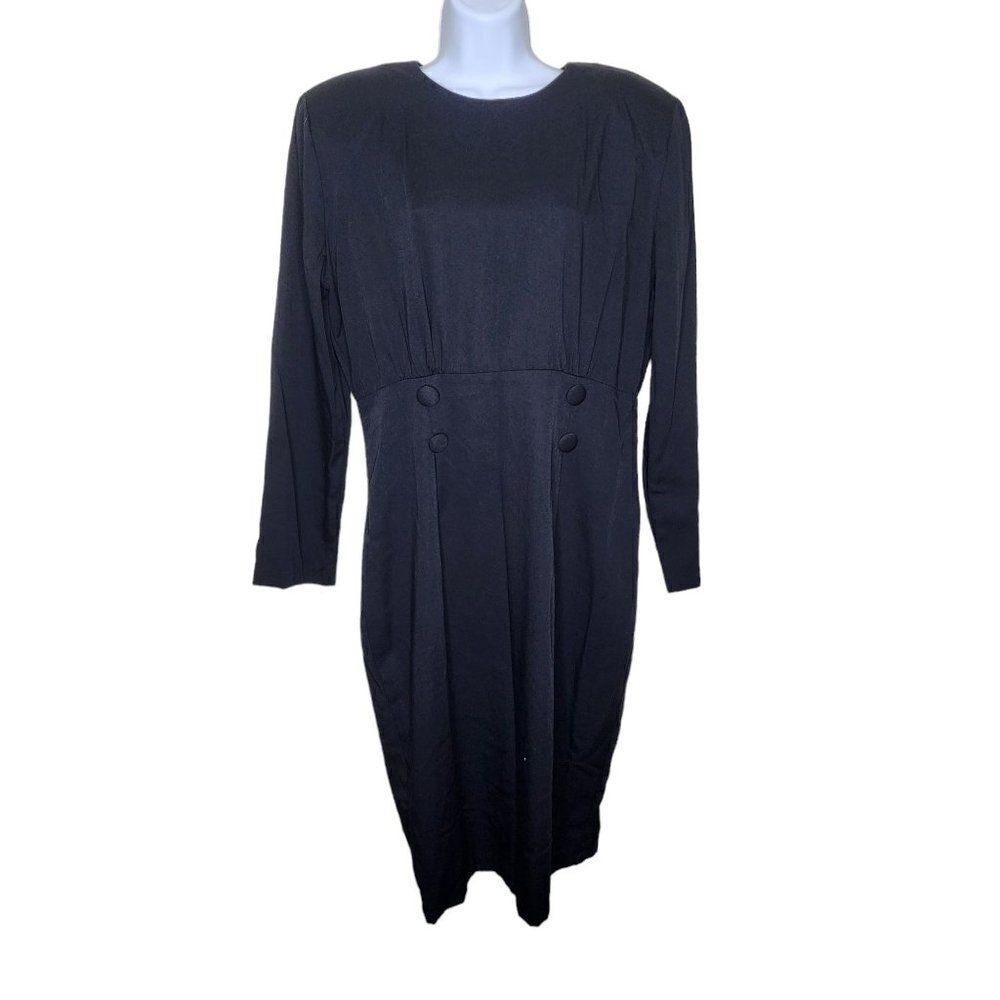Vintage 80s Midi Long Sleeve Shift Dress Womens Size 14 Black Button Accent